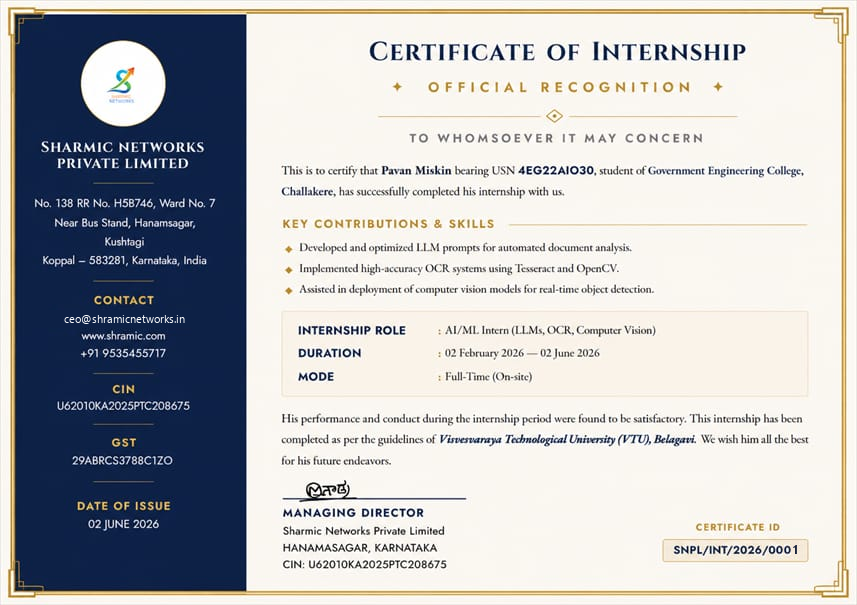 Verified Certificate of Internship - Shramic Networks